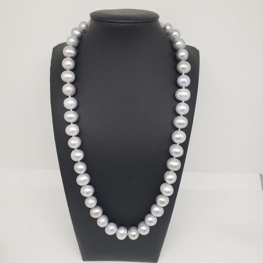 11-11.5MM SILVER CULTURED FRESHWATER PEARL 14K YELLOW GOLD 20" STRAND NECKLACE